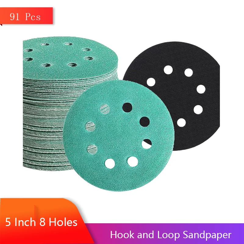 

5 Inch 8 Hole Hook and Loop Sandpaper 91 Pcs Assorted 80/180/320/400/600/800/1000/1200/1500 Grits with Buffing Pad for Polishing