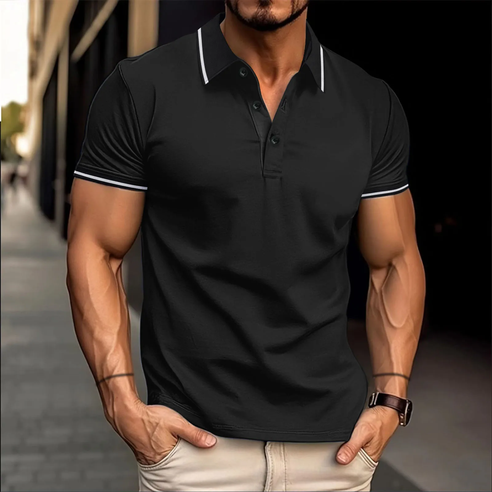 Men's Casual Short Sleeve Polo Shirt – Slim Fit Contrast Stripe Collar and Cuffs Golf T-Shirt for Business, Work, and Daily Wear