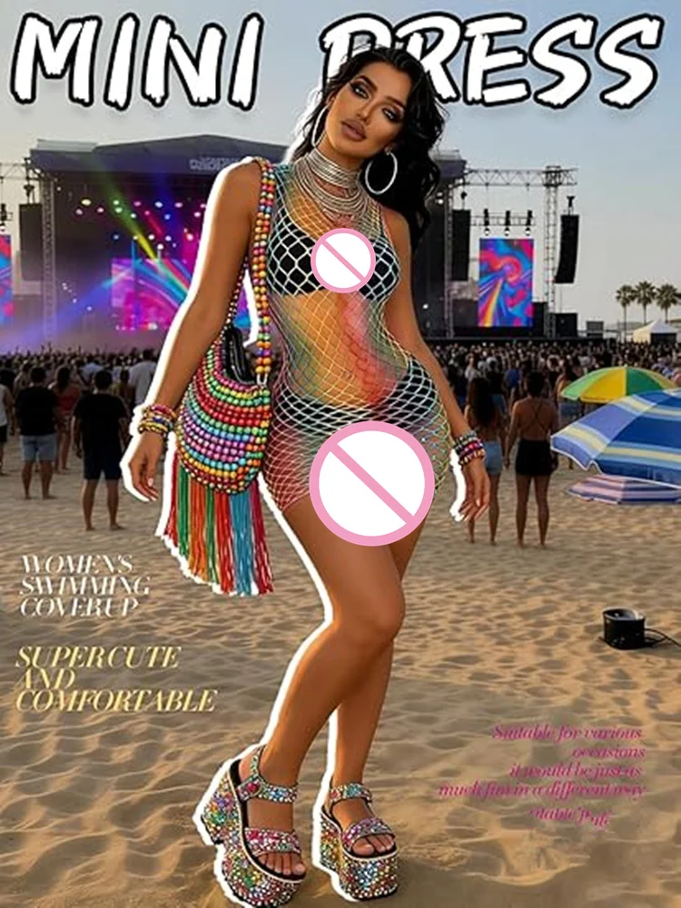 Damenkleid Regenbogen-Bademode Gestreifter Netz-Badeanzug Bikini Durchsichtiger Mesh-Bodysuit Strandkleidung Sommer-Tanz-Festival-Kleidung – Detail 4