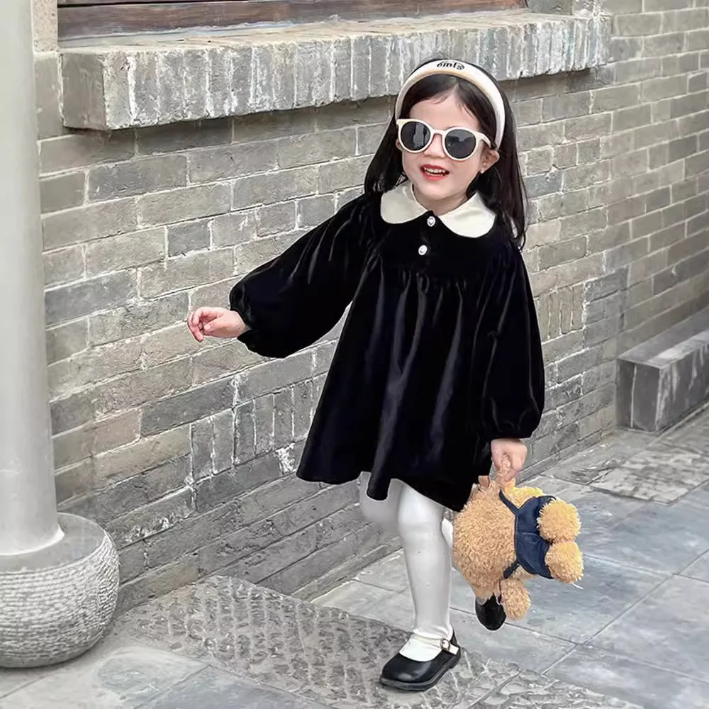 

Girls' Spring and Autumn Dress 2024 New Style Baby Black Silk Princess Dress Children's French Dress