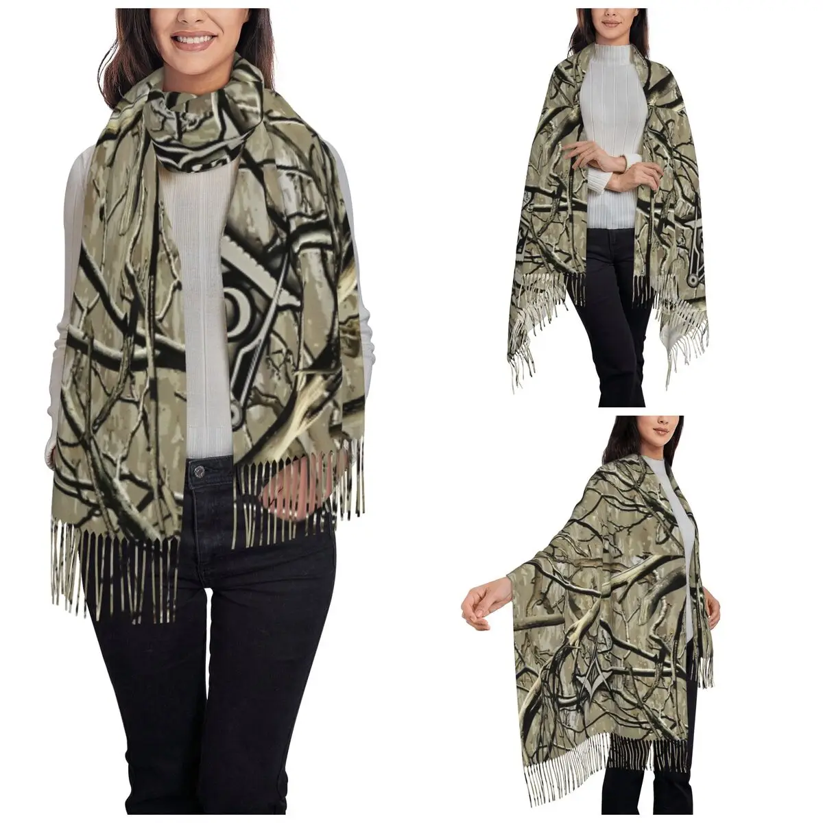 Women's Tassel Scarf Hunting Camouflage Square Compass Masonic Long Winter Warm Shawl Wrap Daily Wear Pashmina Scarves