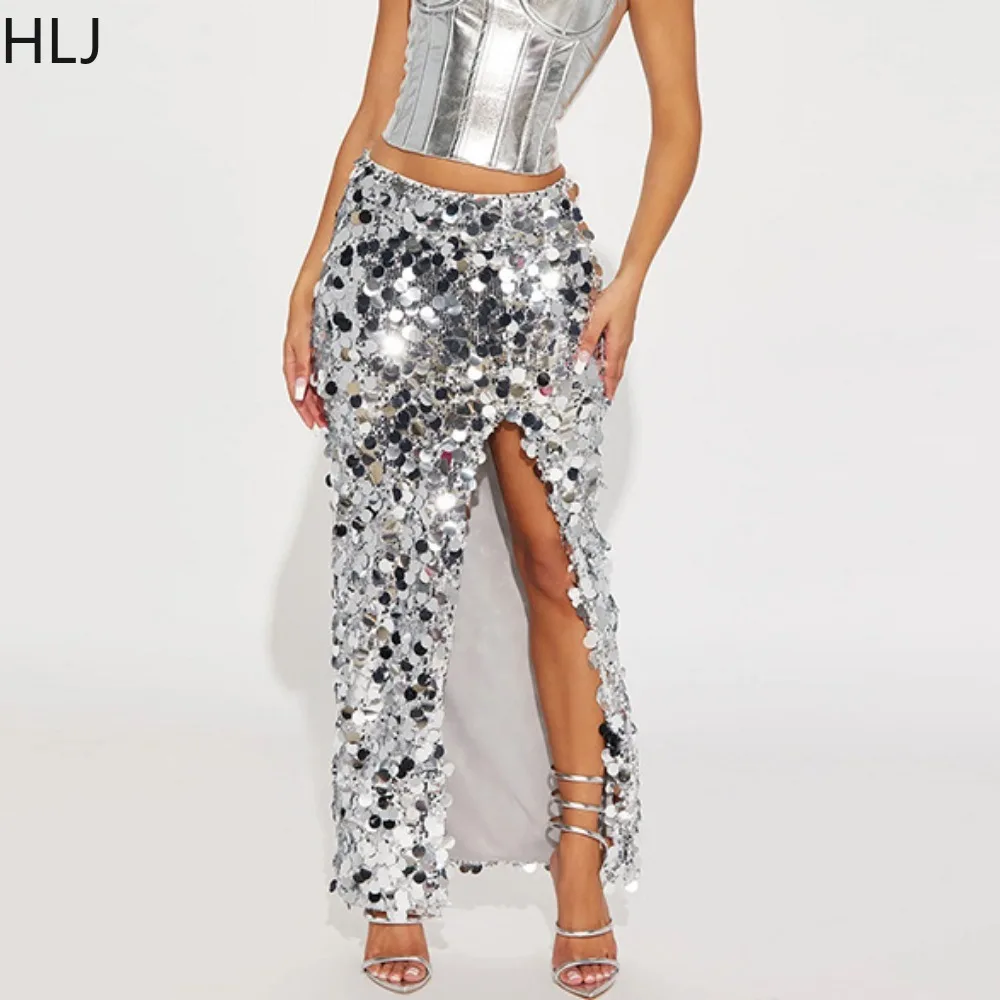 HLJ Fashion Sequin High Slit Party Club Skirts Women High Waist Skinny Skirts Sexy Female Sparkling Slim Bottoms Streetwear 2023