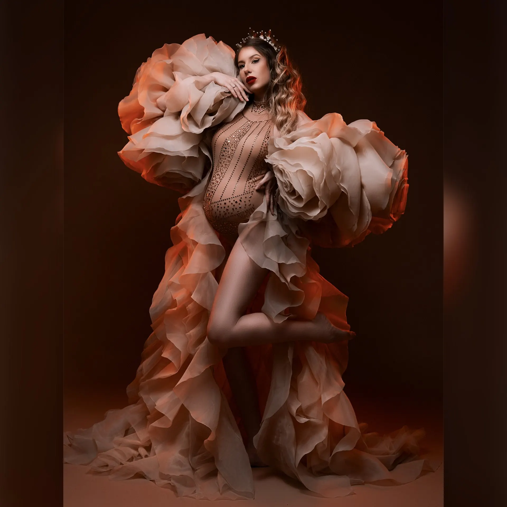 

Maternity Organza Shawl Coat with Ruffle Detail, Boho Wave Style Cover-up, Elegant Light Summer Outerwear for Pregnant Women