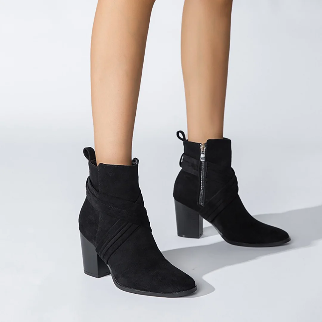 Bottes de rinçage à talons hauts en faux daim noir pour femmes, bout pointu, talon carré, botte courte à la mode, botte à glissière latérale, chaussure pour femme, hiver