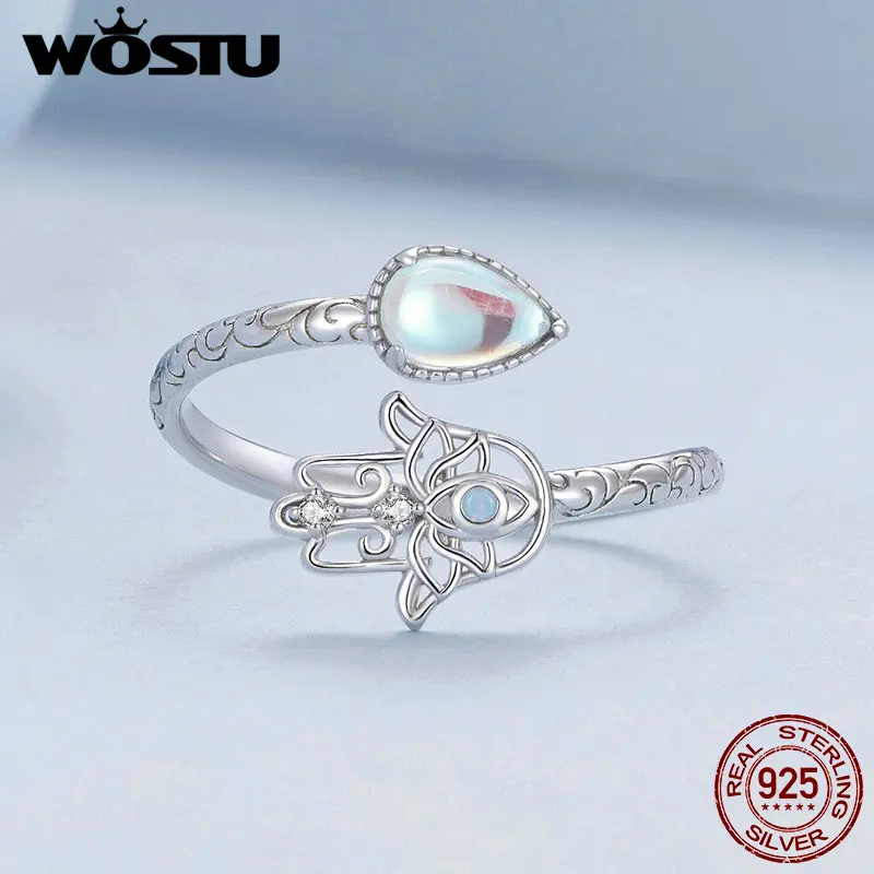 WOSTU 925 Sterling Silver Lucky Hand Of Fatima Opening Ring Rainbow Moonstone Teardrop Stackable Rings Party Jewelry Gift