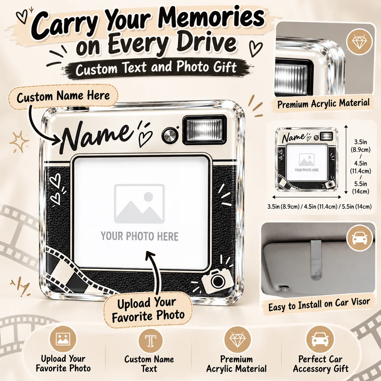 Custom Car Sun Visor Photo Clip Personalized Text and Pattern Acrylic Car Sun Visor Photo Clip Memory Gift Auto Interior Decor