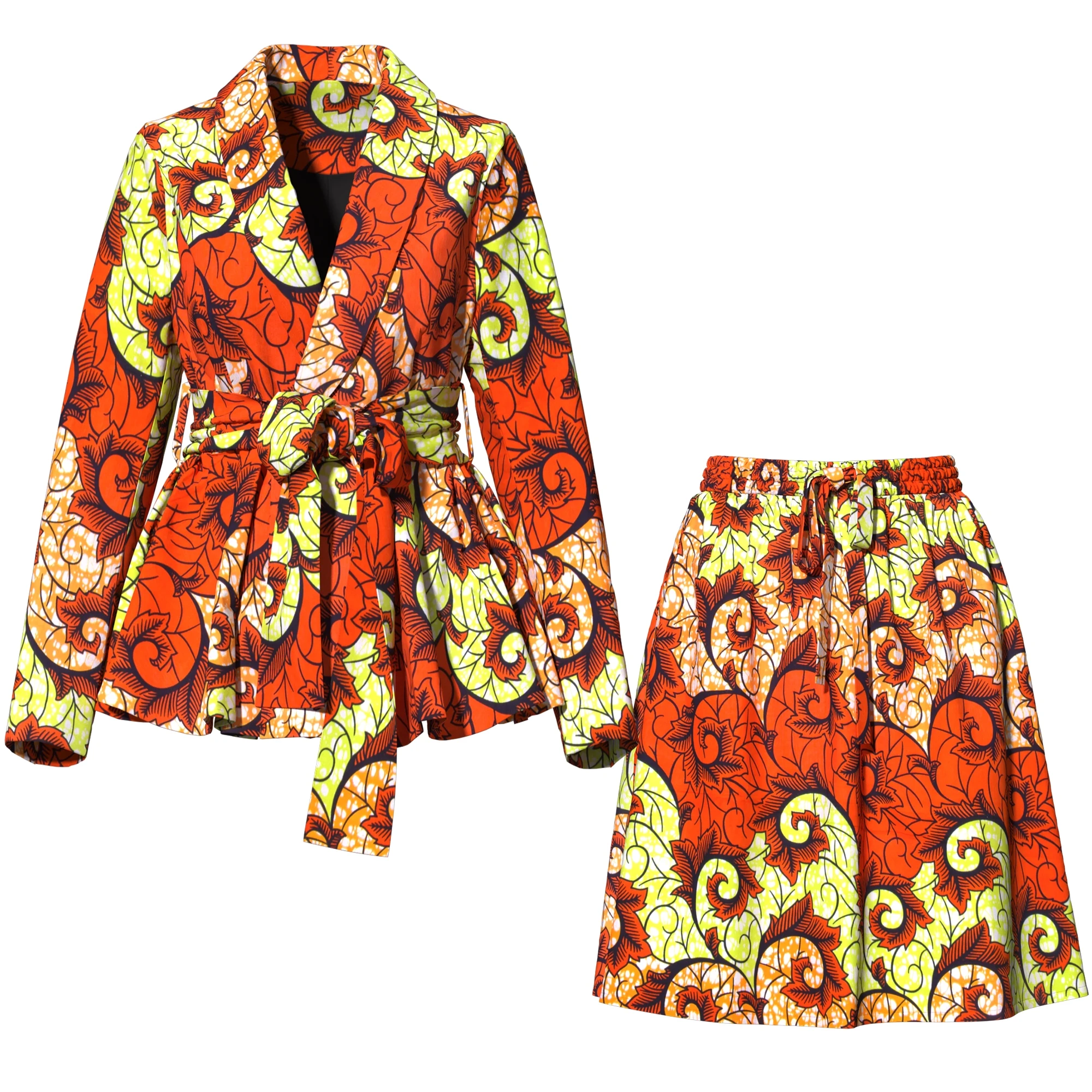 Women's African Print 2 Pcs Outfit Long Sleeve Wrap Peplum Top and A-Line Skirt Set Ankara Matching Suit for Party Wy10776