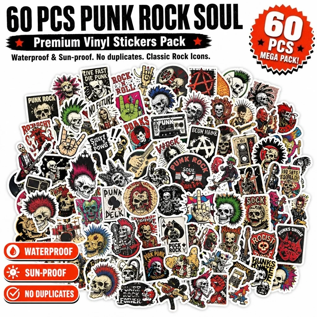 60Pcs Rock Stickers Music Retro Rock Band DIY Stickers Scrapbooking Phone Luggage Skateboard Waterproof Decals
