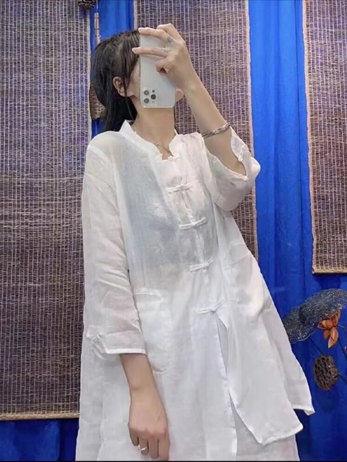 New Chinese Sle Cotton Linen irt Women Summer Mid-Length Retro Zen Button-Up Tea Costume Linen Open Cardigan Top