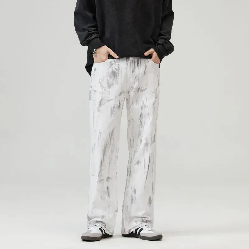 

Мужские джинсы в весенне-осеннем стиле, большие размеры, модные прямые брюки в американском стиле ретро, широкие свободные потертые повседневные длинные брюки