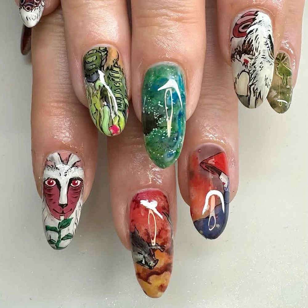 24 Uñas Postizas de Almendra Largas con Diseño de Dibujos Animados, Uñas Francesas a Presión, Puntas de Uñas Desmontables de Cobertura Completa, Estilo Dulce y Artístico