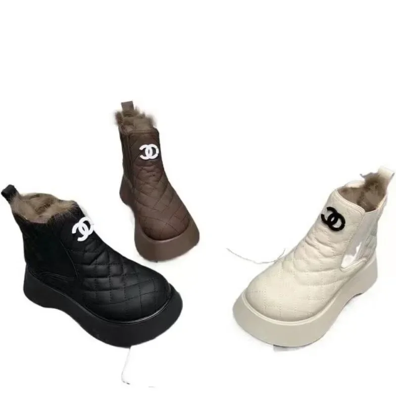 2024 Fashion Ladies Shoes Sleeve Women\'s Boots Winter Round Toe Plush Fleece for Warmth Solid Short Barrel Platform Boots