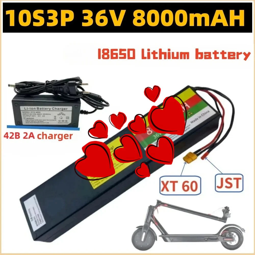 

36V 8000mAh Li-ion Rechargeable Battery Pack 10S3P Whit 42V 2A Charger Suitable for Electric Scooter Battery XT60+JST Plug
