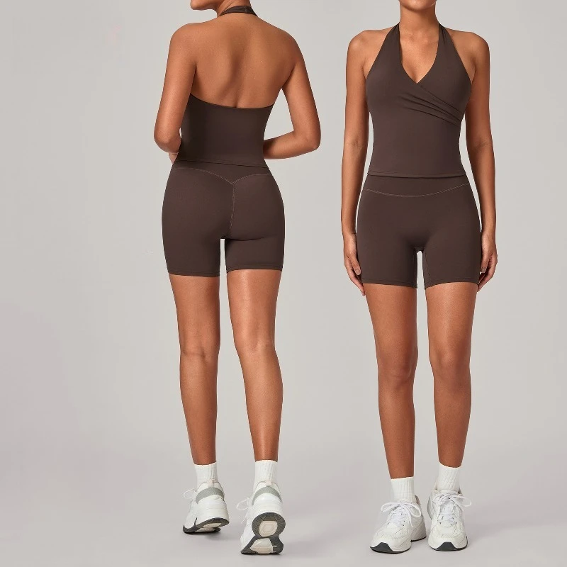 Women's Gym Workout Fitness Yoga Sets Halter Neck Tank Top V-Neck Sexy Chest Design Running Hip-Lifting Shorts Sports Suits