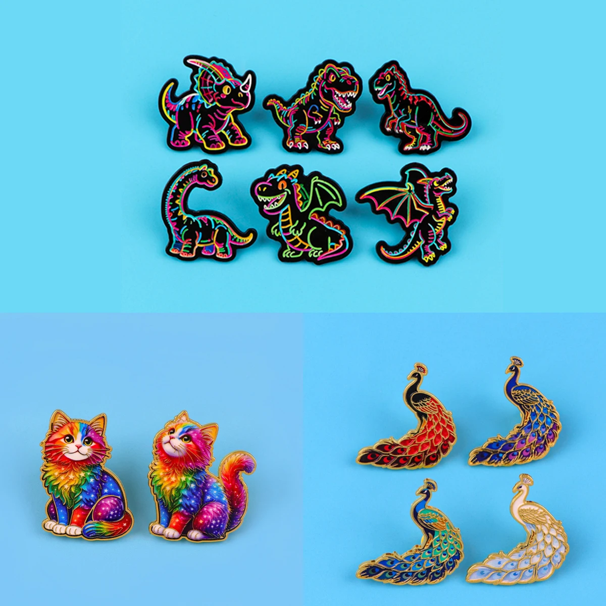 Neon Blacklight Dinosaur Enamel Pin Colorful Cat Pacock Woman Men Brooches Badges Metal Collar Pins Jewelry Gifts for Friends