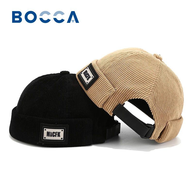 Bocca Buchstabe Cord Docker Cap ohne Visier Etikett Design randlose Kappen warme Winter Herbst Verdickung Kuppel Beanie Hut Vintage