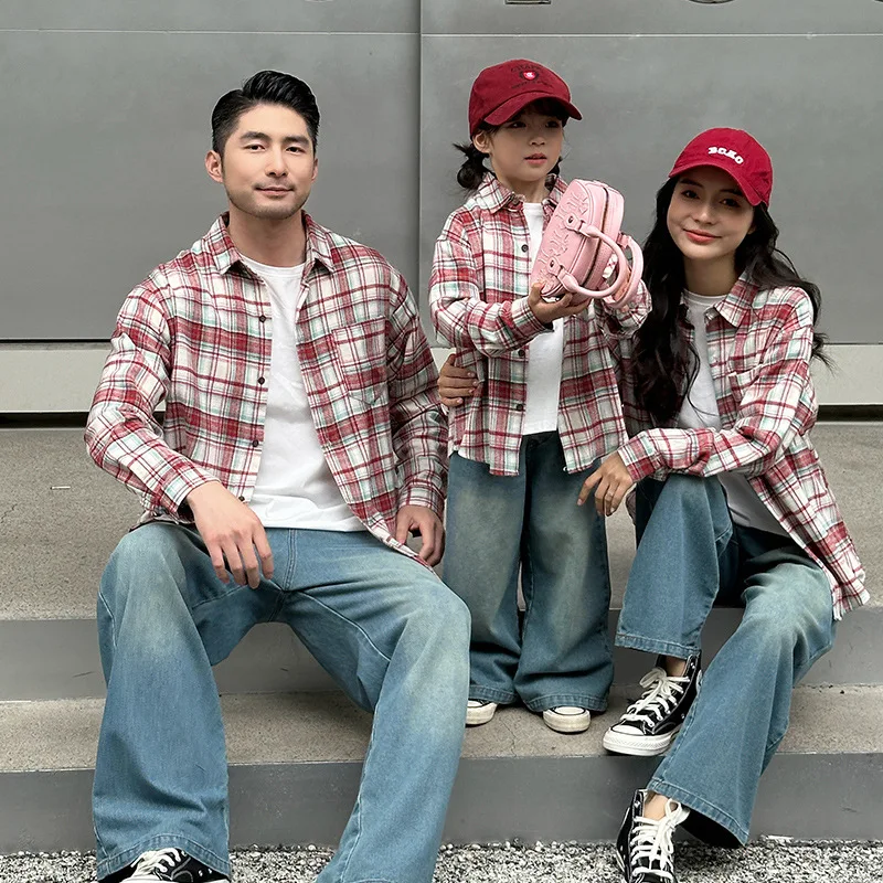 Matching Family Red Plaid Shirts Dad Mom and Boys Girls Fashion Jacket Korean Father Mother and Daughter Son Same Clothing Tops