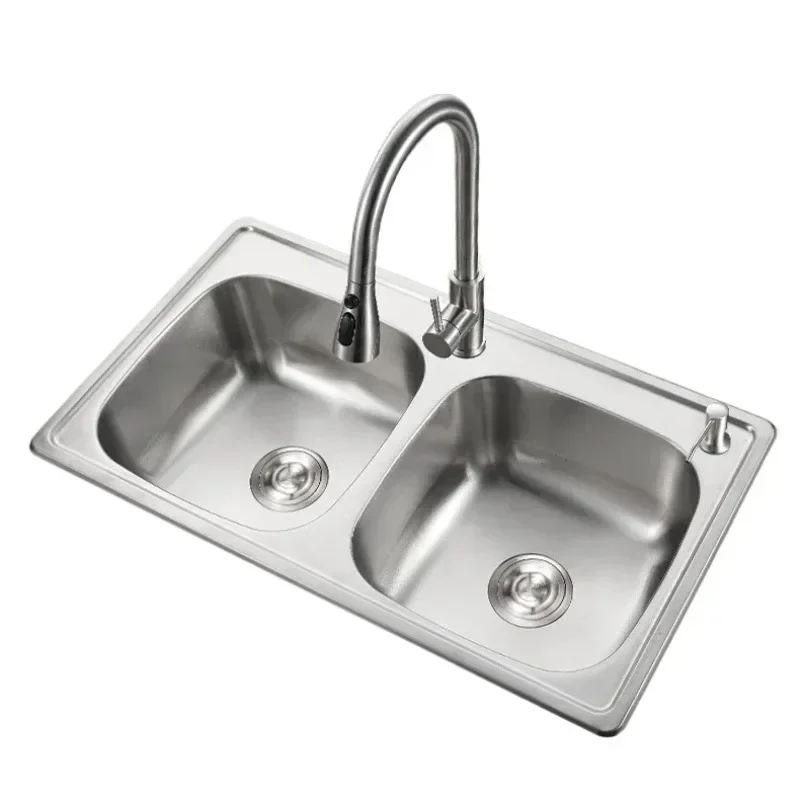 Kitchen Sink, Double Basin Thickened, 304 Stainless Steel Vegetable Wash Basin, 84 * 43 * 20cm, with Knife Holder and Faucet