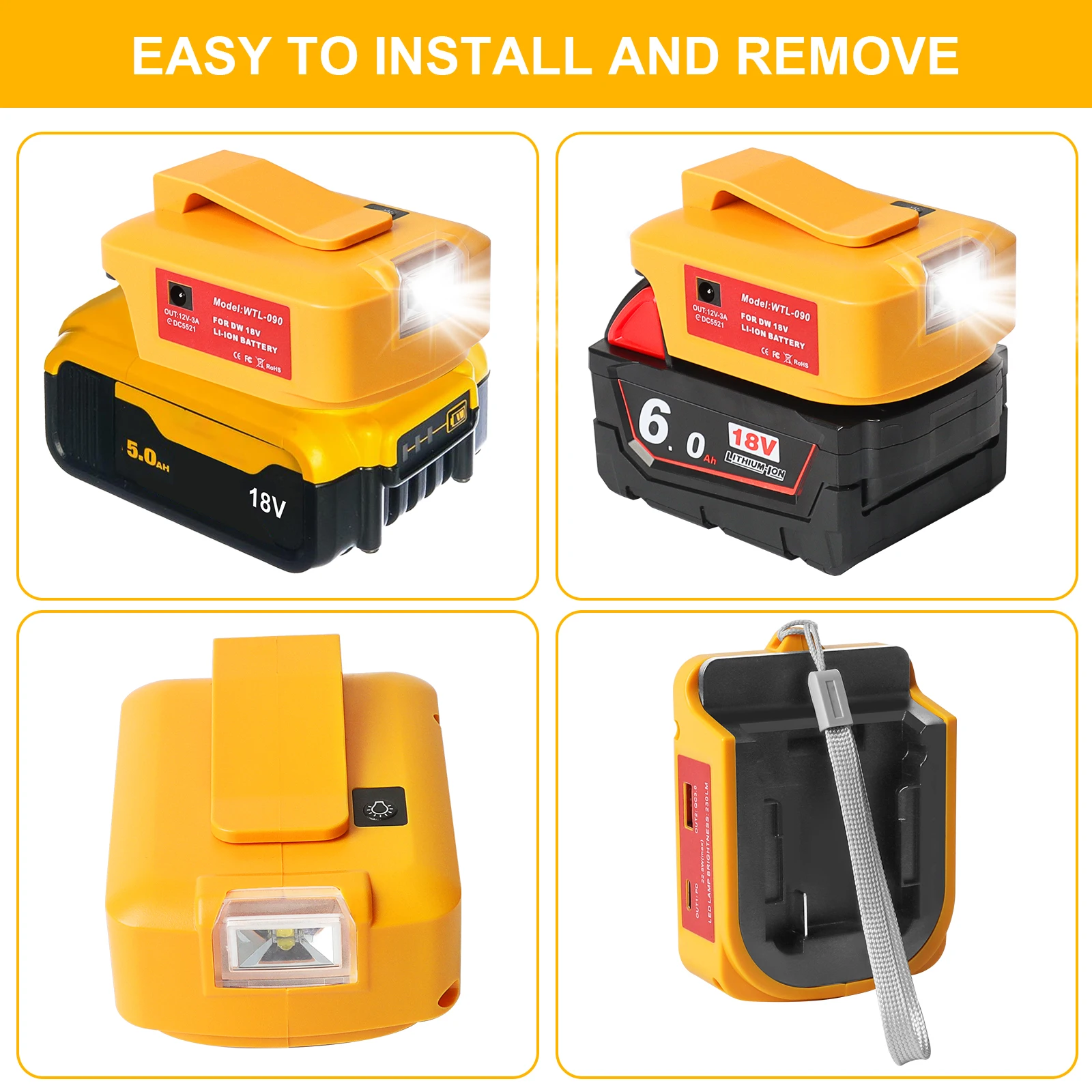 Adaptador de batería para Dewalt, cargador rápido USB C, PD 22,5 W, 18V, 20V, 54V, 60V, QC3.0, luz intermitente cc 12V 3a