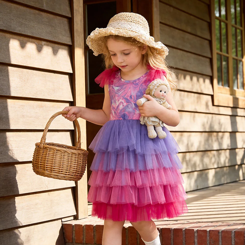 Mädchen-Tüllkleid mit Volants, Rosa Ärmelloses Sommerkleid mit Schleife, Mehrlagiges Geburtstags-Prinzessinnenkleid aus Polyester – Detail 3