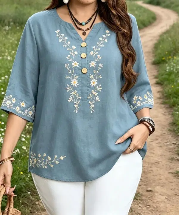 Vintage Floral Embroidery Blouses Notch V Neck Half Button 3/4 Sleeve Soft Casual Daily Women Shirts