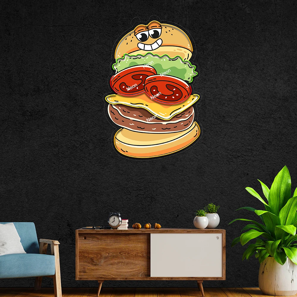 Zabawny Burger Led Neon Light Hamburger Fast Food Shop Dekoracja Neon Light Niestandardowa restauracja Kuchnia Wall Art Decor Neon Sign