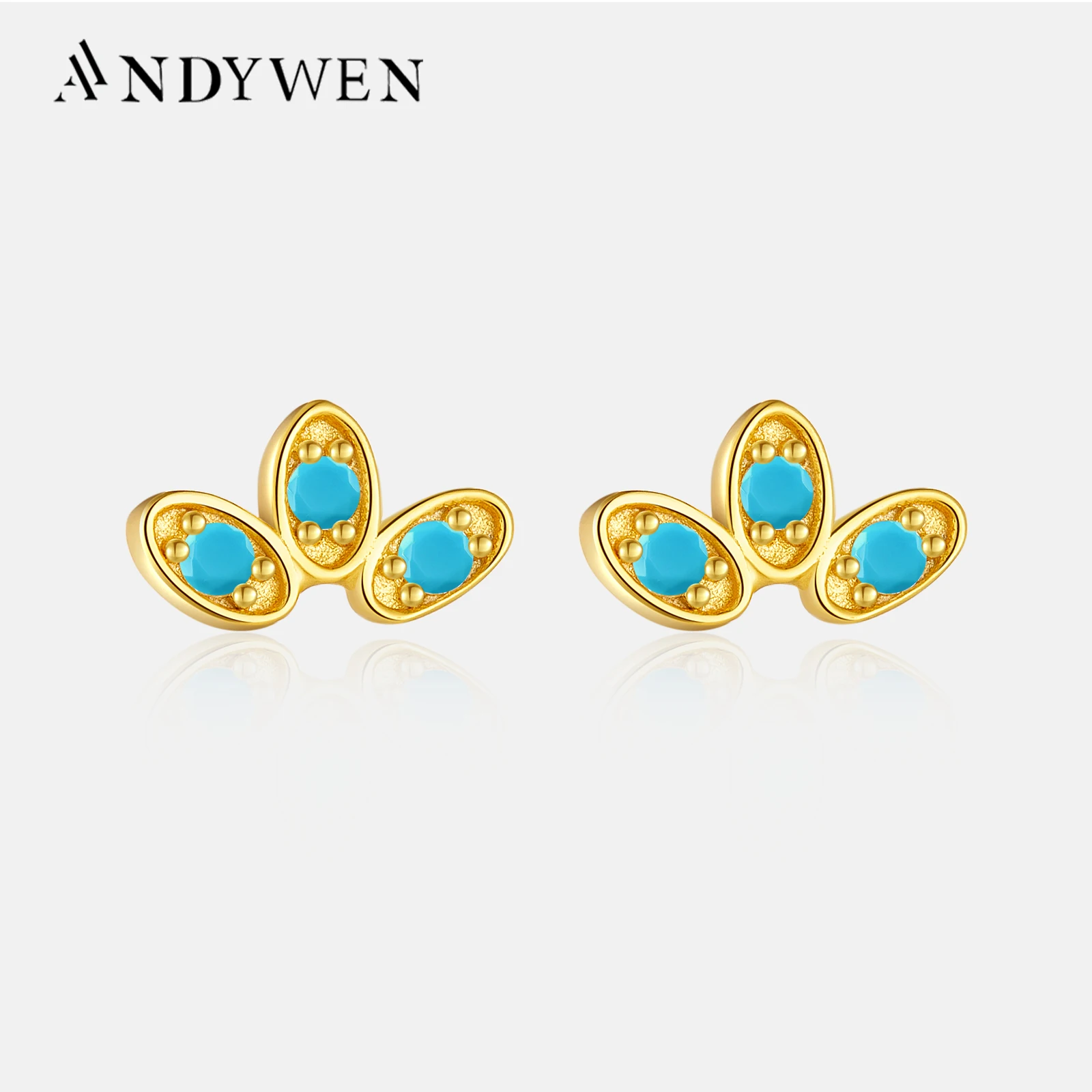 ANDYWEN 925 Sterling Silver Three Leafs Queen Stud Earring Ohrringe Piering Small Colorful Wedding Ovals Luxury Party Rock Punk