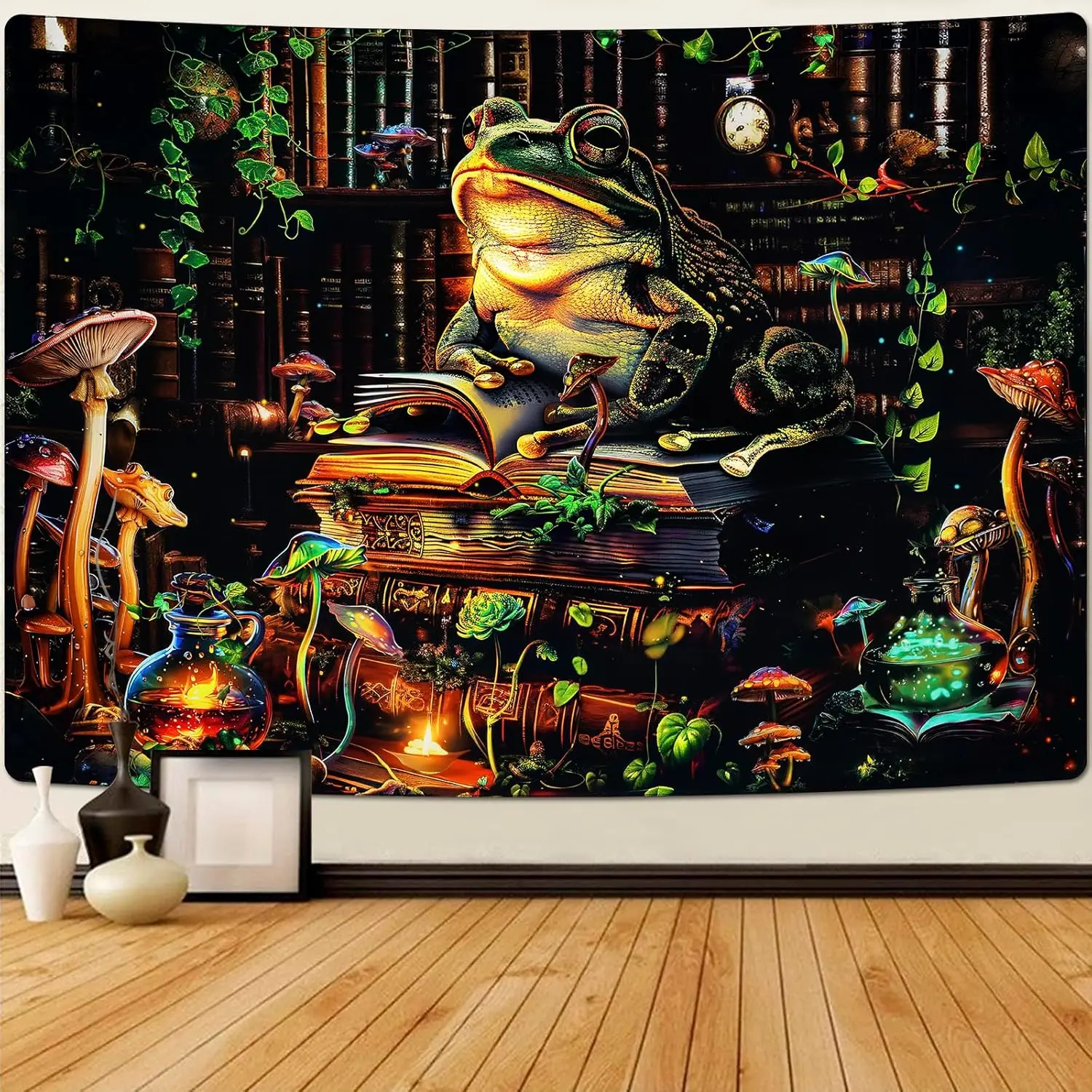 frog tapestry retro bookshelf retro books aesthetic plant mushroom tapestry fantasy animal 70X100CM 150X200CM