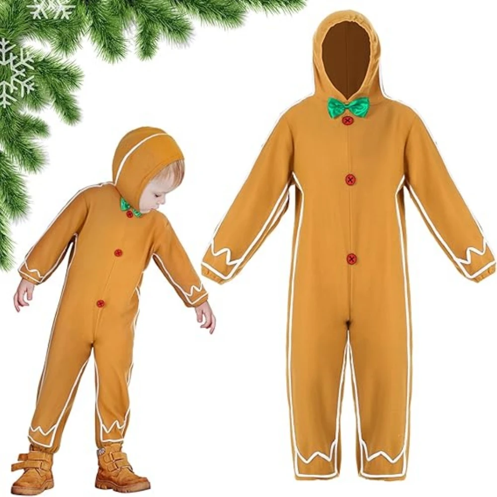 Children Gingerbread Man Costume Christmas Outfit Funny Cosplay Hooded Clothes Thanksgiving Halloween Cosplay Party Costume