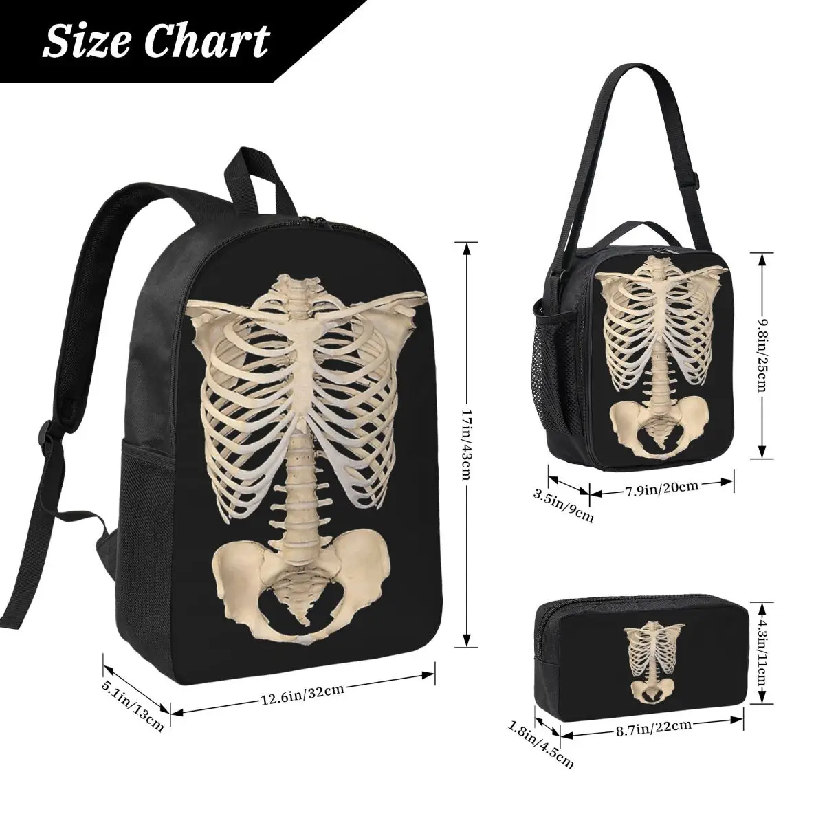 Halloween Gothic Anatomy ซี่โครงกระดูกโครงกระดูกมนุษย์กระเป๋าเป้สะพายหลังเด็ก BookBag โรงเรียนกระเป๋า 3 PS ถุงอาหารกลางวันฉนวนดินสอกรณี