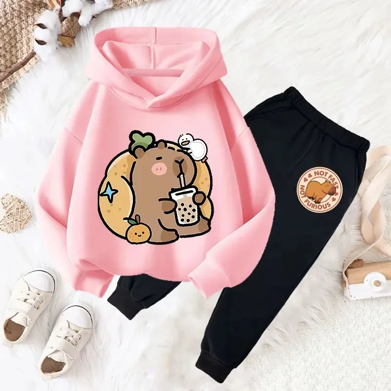 Capybara Print Children Hoodie Sets Girls Boys Autumn Winter Casual Fashion Cute Funny Fleece Long Sleeve Hoodies and Long Pants