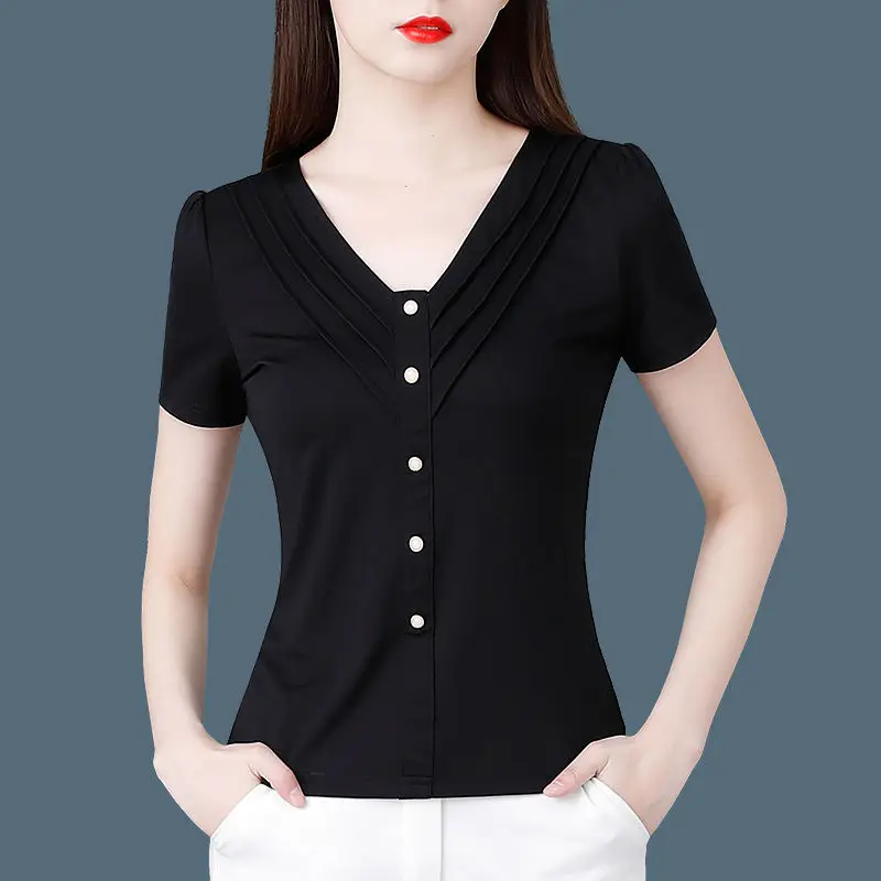 Summer New Fashion Elegant Simple Black V-Neck Short Sleeved T-shirt Women Temperation Patchwork Button Slim Fit Versatile Tops