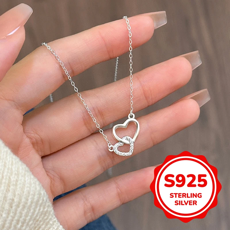 

S925 sterling silver links two heart necklaces for women. Light luxury classic elegant fashion retro simple casual daily life