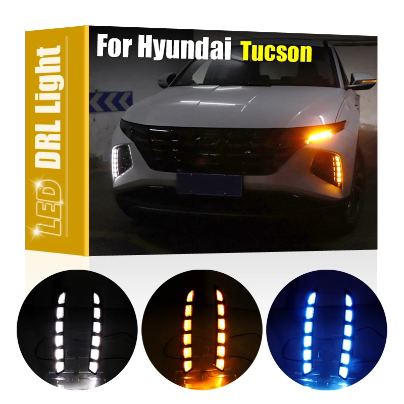 2Pcs Front Bumper LED DRL Daytime Running Light With Turn Signal Indicator Blue Night Driving Light For Hyundai Tucson 2021 2022