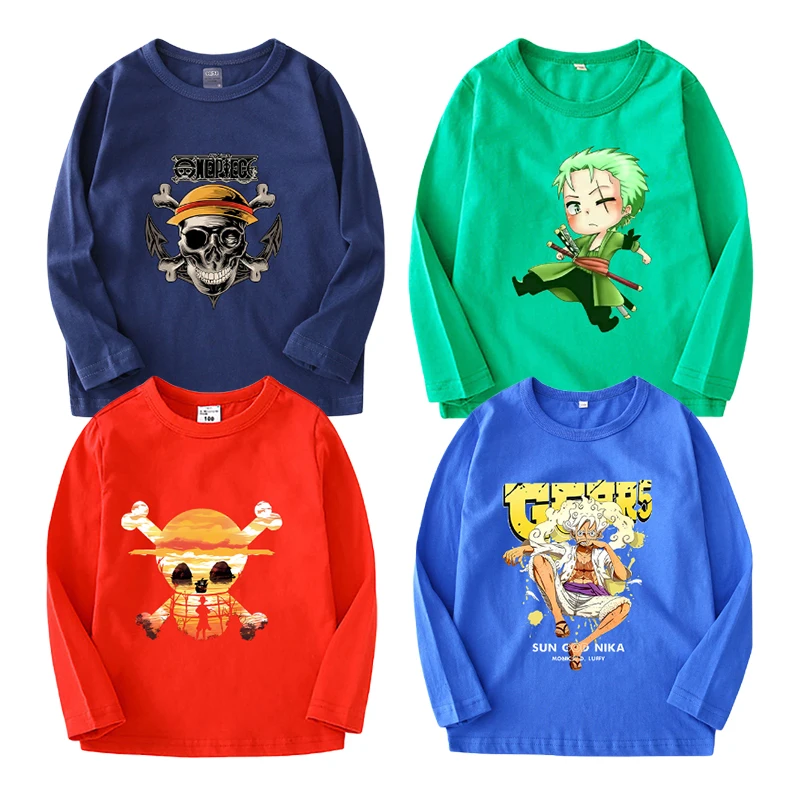 One Piece Child T-Shirt Anime Cartoon Printing Long Sleeve Tees Kid O Neck Autumn Spring Thin Pullover Tops Toddler Cute Clothes