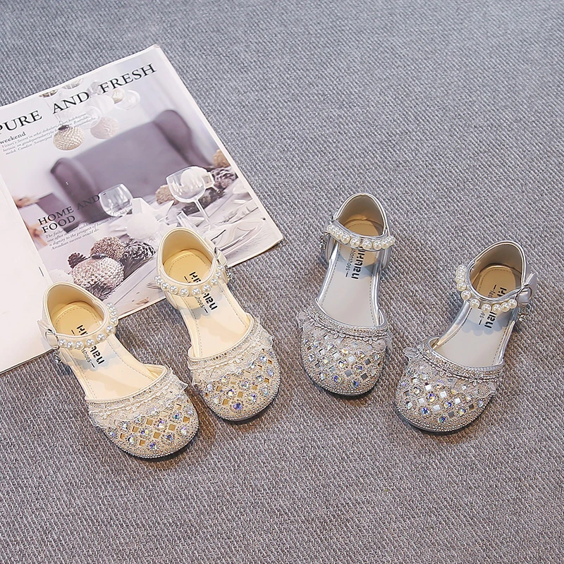 

Kids'Casual Shoes Sandals PU Leather Pearl Princess Crystal Summer Shoes For Girls Anti-slip Silver White Shoes Size 26-36
