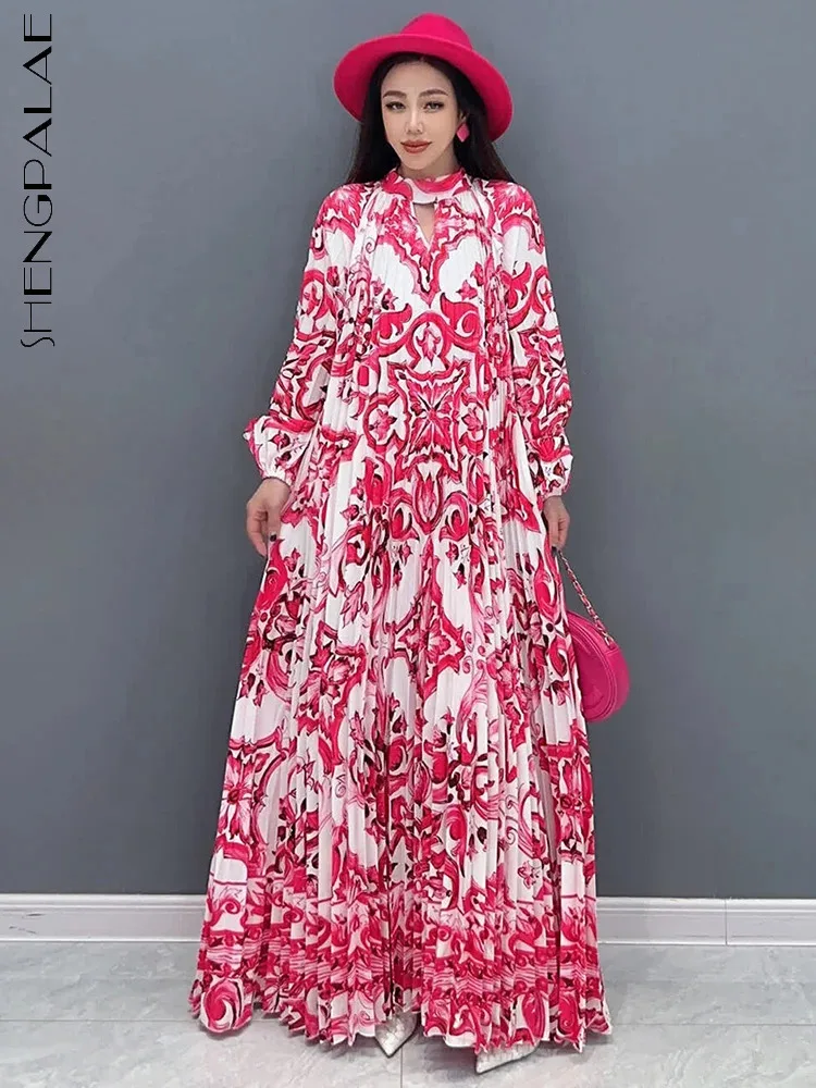 

SHENGPALAE Elegance Printed Dress For Women Folds Design Loose Chic Full Sleeve A-line Vestido Spring 2024 New Female Robe R9403