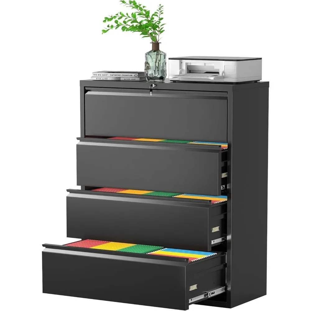 4 Drawer Lateral File Cabinet with Lock, Black Locking Lateral Filing Cabinet with Drawers, Office Metal File Cabinet