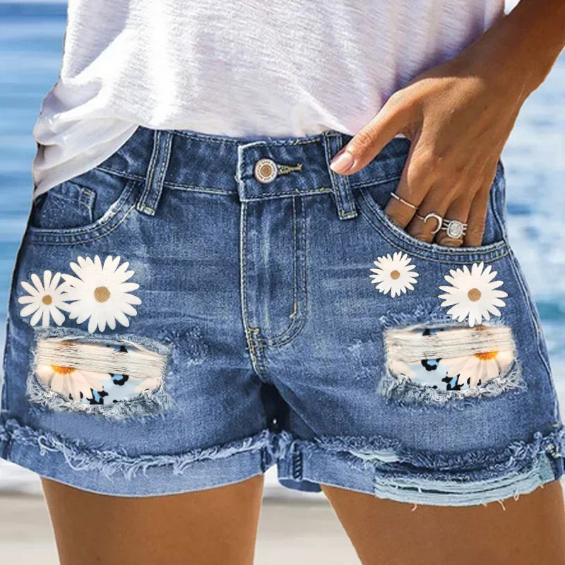 

Summer Denim Shorts Women Sexy Hloe Daisy Print Hole Fashion Female Street Casual Ripped Pocket Straight Jeans Pants