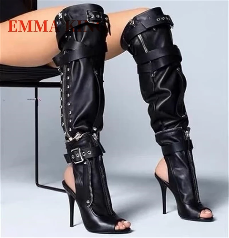 أسود حذاء نسائي بكعب عالٍ دراجة نارية الأحذية مثير اللمحة تو السيدات أبازيم الركبة عالية فاسق الأحذية Slingback سستة ربط الأحذية القوطية