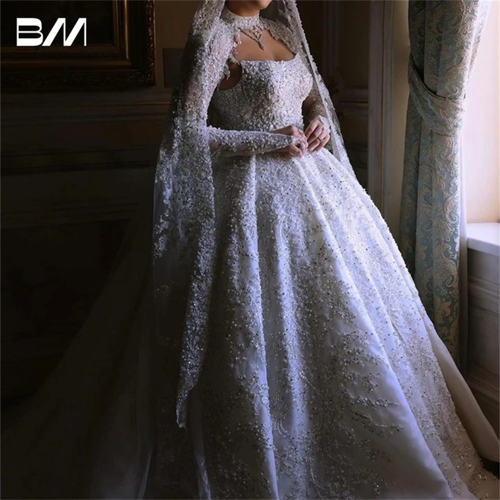 Arabic Long Jacket Sleeve Bride Dresses With Luxury Embroidery Beads Princess Ballgown For Wedding Zipper Back Bridal Gown