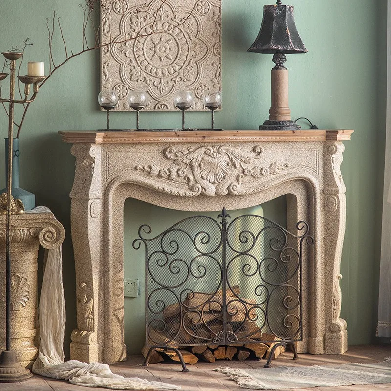 French retro solid wood fireplace American marble porch cabinet French living room decorative cabinet European fake fire firepla image 2