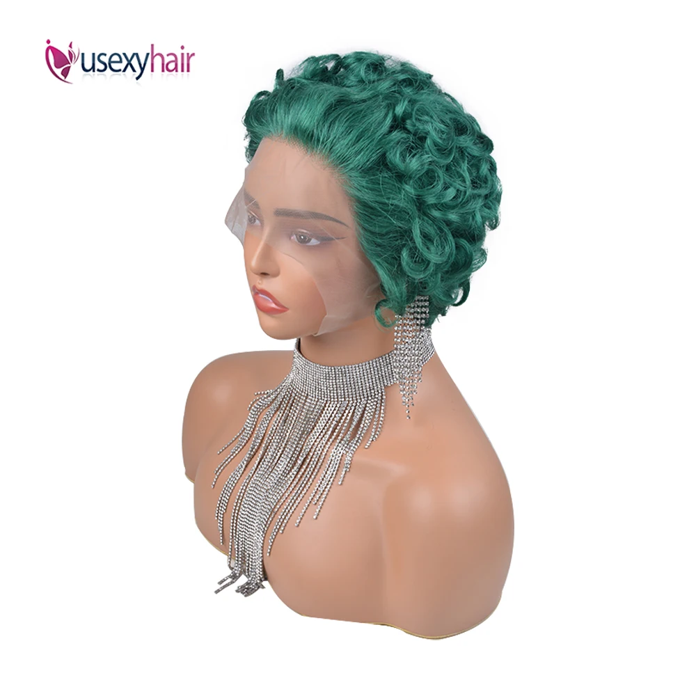 Grüne Pixie Cut Wasserwelle Perücke 13x1 malaysische kurze lockige Spitze Front Perücke für Frauen Remy Haarfarbe voll transparente Spitze Perücke