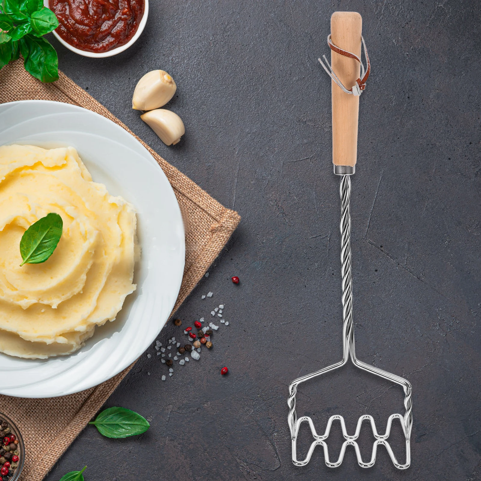 

1pc Wood Handle Potato Masher Stainless Steel Manual Food Presser For Kitchen Vegetable Fruit Crushing Portable Reusable