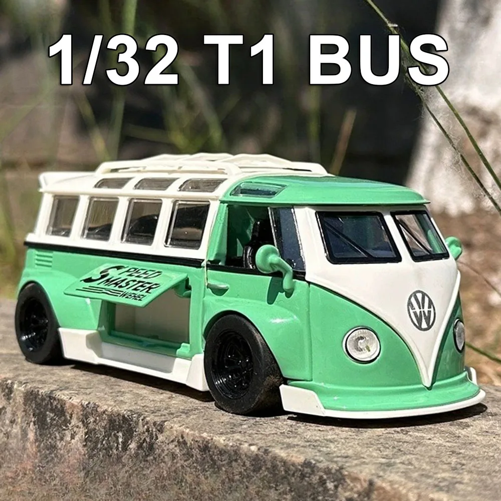 1/32 T1 Bus Spielzeug Auto Modell Legierung Druckguss 5-türig geöffnet mit Sound Licht zurückziehen Cabrio Modelle Gummireifen für Jungen Geschenke