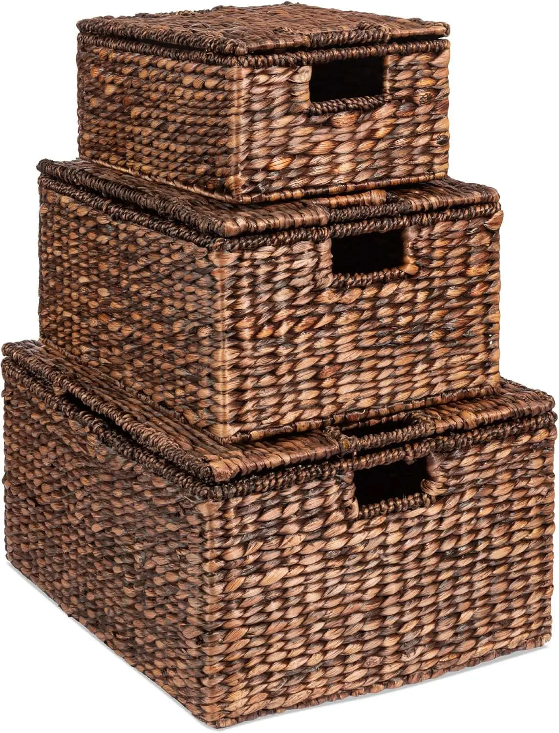 

Set of 3 Large Multipurpose Hyacinth Baskets, Handwoven Rectangular Organizer Totes for Bedroom, Living Room, Bathroom w/Insert