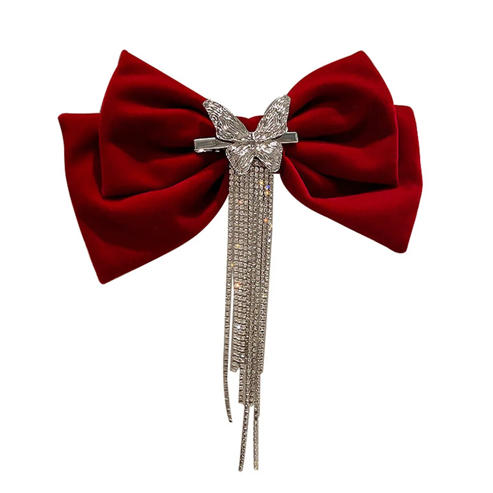 

Rhinestone Bow Clips Red Tassel Hairpin For Women Wedding Party Accessories Hair Bowknot Barrette Thick Thin Hair