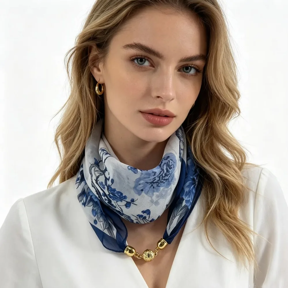 1pc White Pink Flower Print Chiffon Necklace Scarf Women Magnetic Scarf Fashion Decor Neck Choker