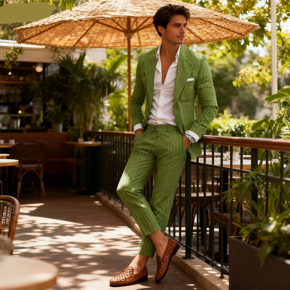 

Slim Fit Pinstripe Smoking Suit for Men Peaked Lapel Tuxedo 2-Piece Blazer And Pants Wedding Groomsmen Formal Wear