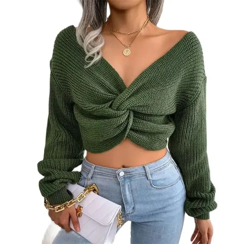 

2024 Fashion Crossover Knot Short Sweater Spring Autumn Lantern Sleeves Slim Fit Jumpers Female Casual Solid Color Knitted Tops